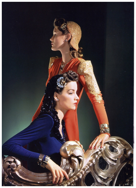 models-are-wearing-dresses-and-matching-caps-by-nettie-rosenstein-and-jewelry-by-tiffanys-photo-by-horst-vogue-nov-1-1940