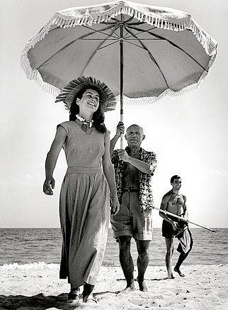 Françoise Gilot with picasso & nephew javier vilato on the beach at golfe-juan, france 1948