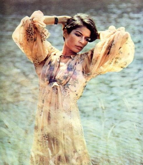 Bianca Jagger wearing a dress by Ossie Clark