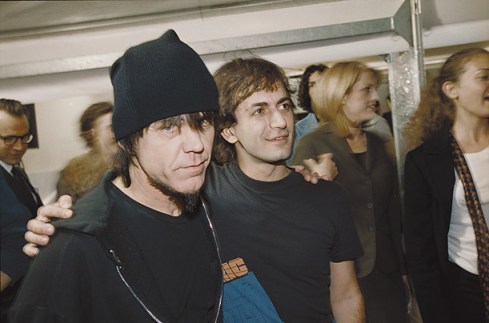 Stephen Sprouse backstage with designer Marc Jacobs at the Louis Vuitton spring, 2001 fashion show in Paris where they first debuted their collaboration.