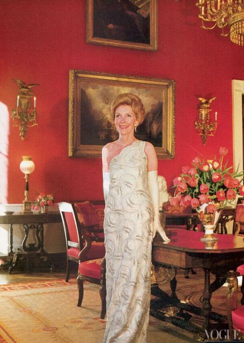 Nancy Reagan wearing a dress by James Galanos, photographed by Horst P. Horst, Vogue, May 1981.