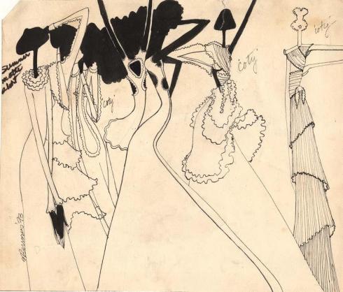 Stephen Burrows’s illustration of lettuce-edge dresses for Coty fashion show, 1973.